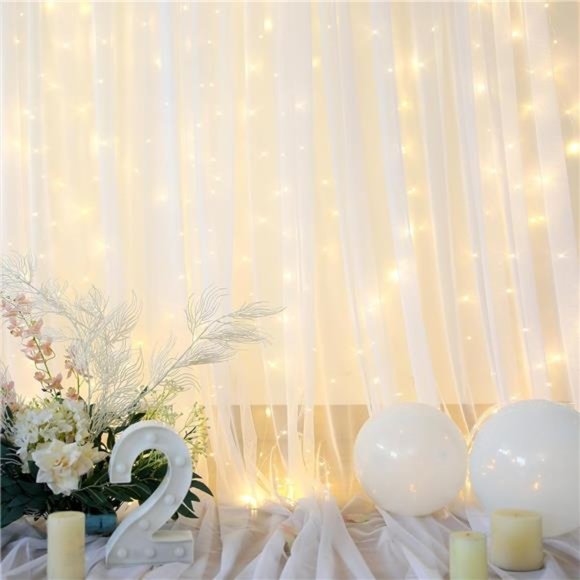 White Tulle BackdropCurtain with Lights String for Parites 10×8ft Sheer Backdrop - Picture 2 of 6